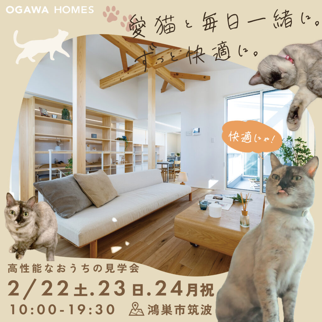 OGAWAHOMES 愛猫と毎日一緒に。ずっと快適に。 高性能なおうちの見学会 2/22(土)､23(日)､24(月･祝) 埼玉県 鴻巣市筑波 高性能住宅 注文住宅